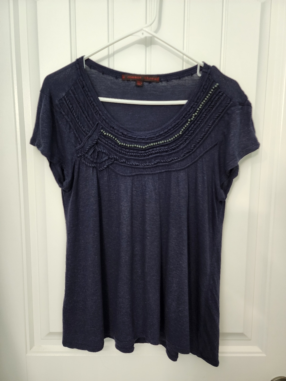 A Common Thread Heather Navy Blue Beaded Scoop-neck Short Sleeve Tee, Size XL